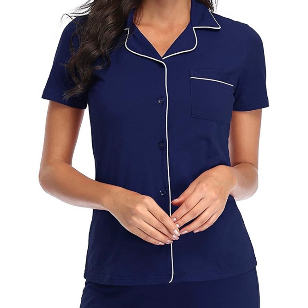 Women's Dark Blue Button-Down Pajama Shorts Set